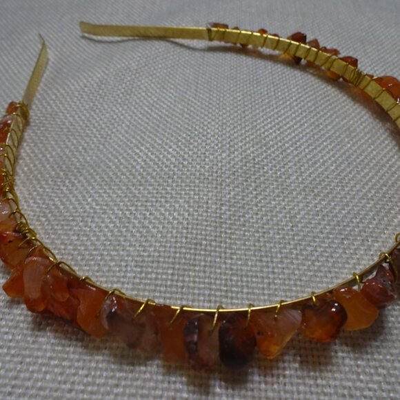 Beautiful CARNELIAN CHIP Handmade Gold Wire-Wrapped Headband #701C - Picture 2 of 3